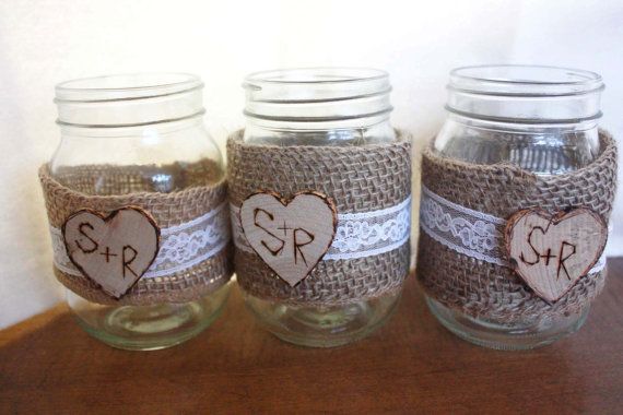burlap and lace mason jars